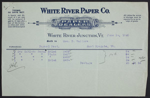 Billhead for the White River Paper Company, paper dealers, White River Junction, Vermont, dated June 14, 1920