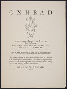 Oxhead, a mouldmade paper from Holland, toned laid antique, Japan Paper Company, Philadelphia, New York, Boston, undated
