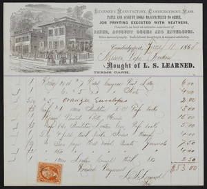 Billhead for L.S. Learned, stationery, L.S. Learned's Manufactory, Cambridgeport, Mass., dated June 11, 1868