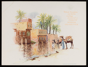 Trade card for Nestor Cigarettes, men and camels on a riverbank, Nestor Gianaclis Company, Cairo, Boston, London, 1899