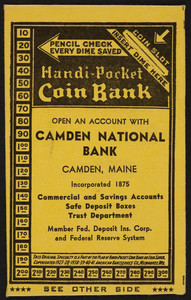 Handi-pocket coin bank, Camden National Bank, Camden, Maine, Inc., 1941