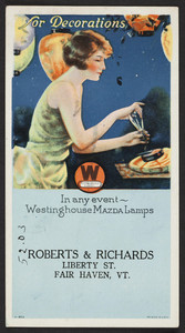 Trade card for Roberts & Richards, Westinghouse Lamps, Liberty Street, Fair Haven, Vermont, undated