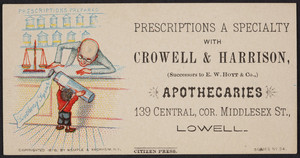 Trade card for Crowell & Harrison, apothecaries, 139 Central, corner Middlesex Street, Lowell, Mass., 1878