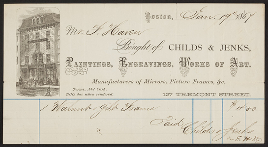 Billhead for Childs & Jenks, paintings, engravings, 127 Tremont Street, Boston, Mass., dated January 19, 1867