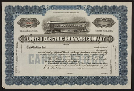 Stock certificate for the United Electric Railsways Company, Rhode Island Hospital Trust Company, Providence, Rhode Island, 190?