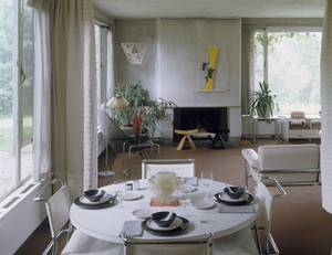 Dining table and view into living room, Gropius House, Lincoln, Mass.