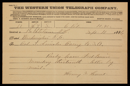 Henry J. Hunt to Thomas Lincoln Casey, September 11, 1886, telegram