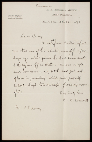 [Cyrus] B. Comstock to Thomas Lincoln Casey, October 16, 1893