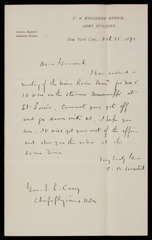 [Cyrus] B. Comstock to Thomas Lincoln Casey, October 15, 1891