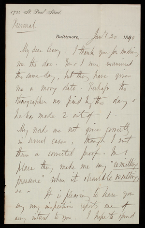 [William P. Craighill] to Thomas Lincoln Casey, January 20, 1890