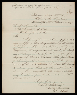 A. B. Nettleton Treasury Department to Secretary of War, February 5, 1891