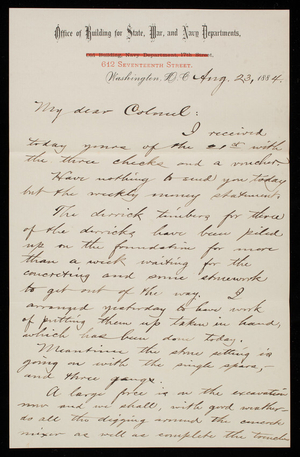 Bernard R. Green to Thomas Lincoln Casey, August 23, 1884