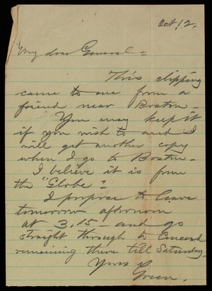 Bernard R. Green to Thomas Lincoln Casey, October 12, 1891