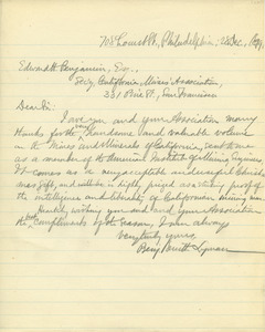 Letter from Benjamin Smith Lyman to Edward H. Benjamin
