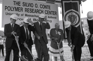 Ceremonial groundbreaking for the Conte Center: Gov. William Weld and Corrine Conte (both at center) after the first shovel of dirt