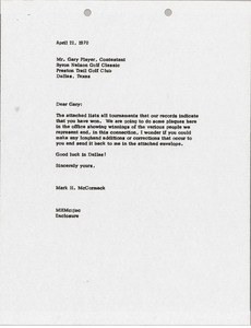 Letter from Mark H. McCormack to Gary Player