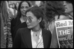 Yoko Ono at a demonstration against the prosecution of Oz Magazine editors on charges of obscenity (John Lennon holding up a copy of Red Mole partially obscured at far right)