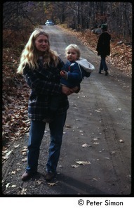Janis Frey and baby Sequoya on dirt road, Tree Frog Farm commune