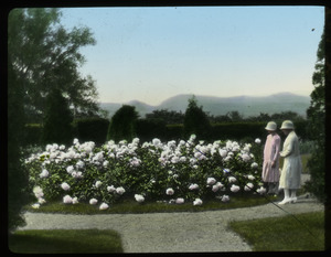 Cowan Garden (women admiring peonies in formal garden)