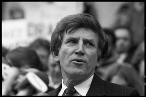 Gary Hart: close-up portrait while speaking at a rally during his bid for the Democratic nomination for the presidency