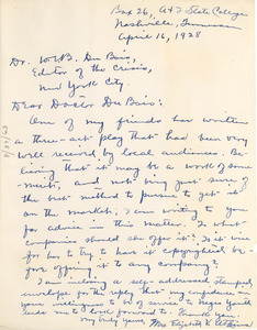 Letter from Elizabeth V. Atkins to W. E. B. Du Bois