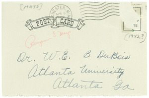 Postcard from Sadie G. Mays to W. E. B. Du Bois