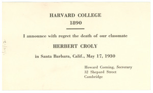 Announcement of the death of Herbert Croly