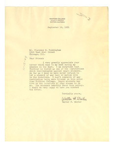 Letter from Whittier College to Clarence M. Cunningham