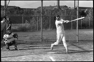 Boston Phoenix vs. WBCN staff softball game: Phoenix staff member at bat