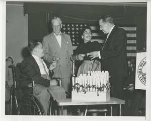 Bruce Barton with unidentified man handing diplomas to clients at Institute Day