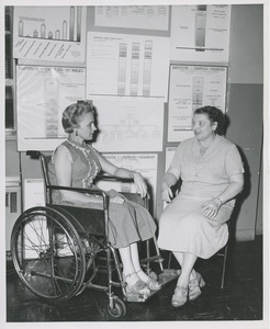 Two women, one in a wheelchair, in conversation at an administrators training group