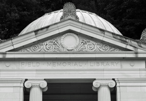 Field Memorial Library: close-up of exterior of front pediment and rotunda