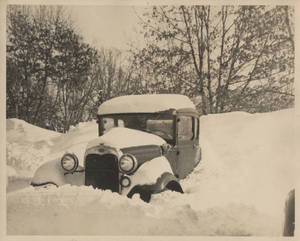A car stuck in the snow at Springfield College, ca. 1930