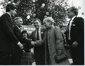 Mayor Raymond L. Flynn and wife Catherine (Kathy), with Senators John F. Kerry, Walter F. Mondale, Edward M. Kennedy and Katherine "Kitty" Dukakis