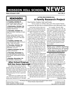 Mission Hill School newsletter, October 9, 2001