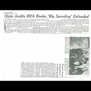 Photocopies of newspaper articles about state audit of Boston Redevelopment Authority spending, and summer recreation program for boys living in Washington Park area