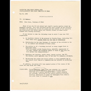 Memorandum from John Jones, Chairman of CURAC to all members of Police-Community Relations Committee of CURAC about meeting on May 25, 1965, next steps and meeting on June 2, 1965