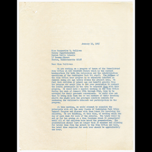 Letter from Mrs. Muriel Snowden and Mrs. Frances McGill to Miss Marguerite G. Sullivan about tours of urban renewal site office