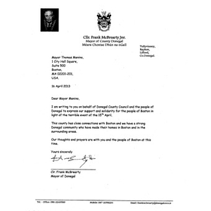 Letter of Support to the City of Boston from Cllr. Frank McBrearty, Mayor of County Donegal, Ireland