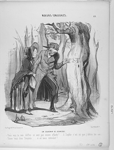 Un SOUVENIR DE JEUNESSE. - Tiens vois-tu nos chiffres ne sont pas encore effacés!.... ô Sophie c'est ici que j'obtins ton cœur. - Taisez-vous donc Théophile..... si on nous entendait!