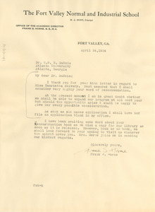 Letter from Fort Valley Normal and Industrial School to W. E. B. Du Bois