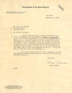Letter from the Encyclopaedia of the Social Sciences to W. E. B. Du Bois