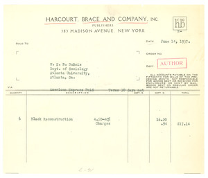 Invoice from Harcourt, Brace and Company to W. E. B. Du Bois