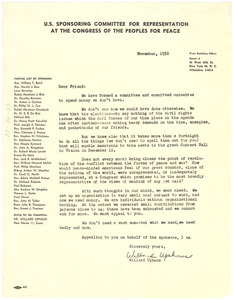 Circular letter from U. S. Sponsoring Committee of Congress of the Peoples for Peace to W. E. B. Du Bois