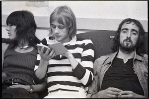 Fleetwood Mac backstage at the Boston Tea Party: unidentified woman with Danny Kirwan (c) and John McVie (r)