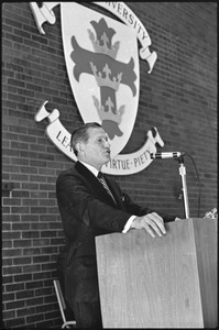 Governor Volpe and Elliot Richardson at Boston University: John Volpe speaking at a podium