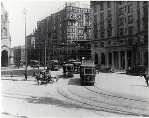 A view of busy Copley Square with lines of trolley cars heading for Brookline and Watertown