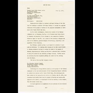 Press release from Freedom House Civic Center Ass'n. and St. Mark Social Center, Inc. about Representatives Alfred S. Brothers and Royal Bolling requesting an audience with Mayor Collins about the curtailment of service on the Warren Street bus line, and Mr. McLernon's response to the community