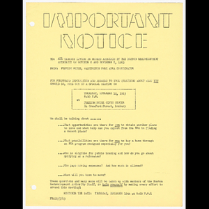 Memorandum from Freedom House, Washington Park Area Coordinator to all tenants living in houses acquired by the Boston Redevelopment Authority on October 8 and November 8, 1963 about meeting on November 12, 1963