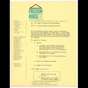 Memorandum from O. Phillip Snowden to Owners of Large Apartment Buildings about meeting on April 28, 1964 and meeting agenda